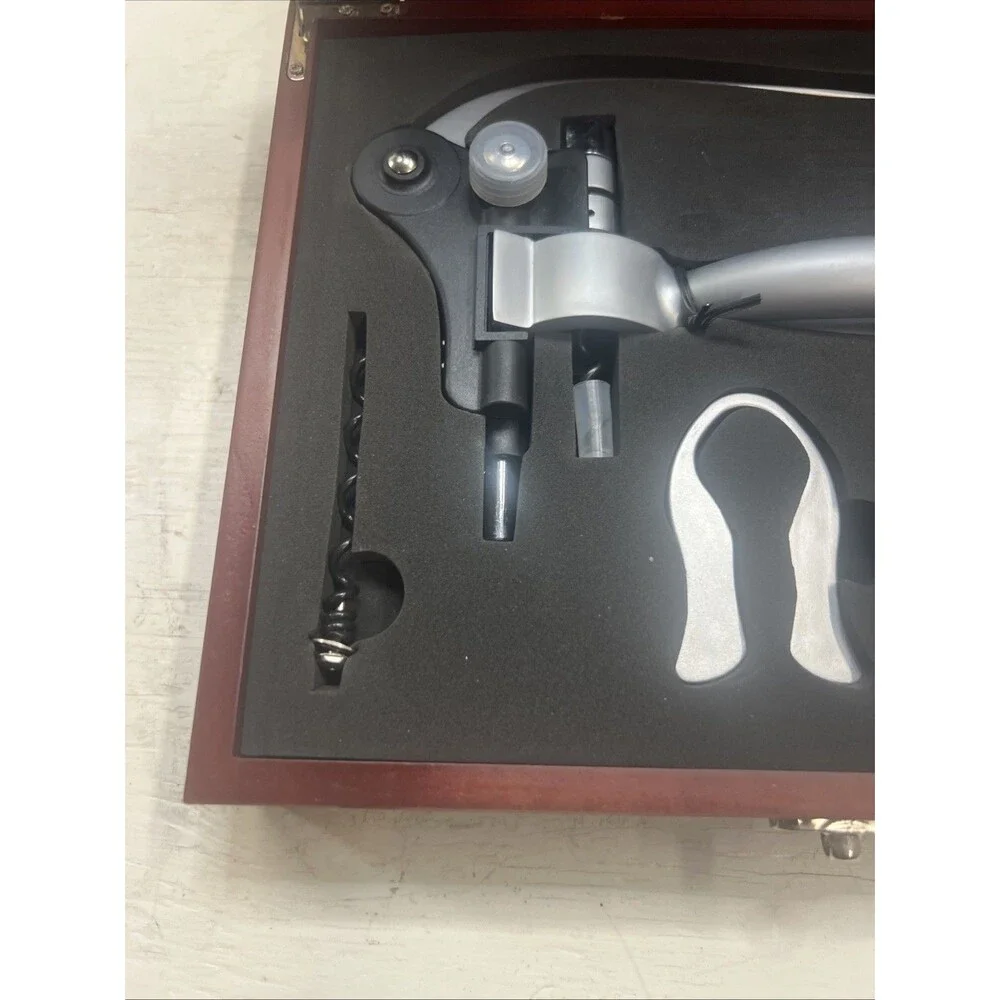6 Piece Rabbit Style Manual Corkscrew Wine Opener Set in Latching Wood Case